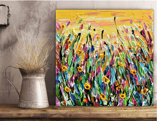 Yellow Flowers Meadow, Abstract Floral Painting, 10"x10"